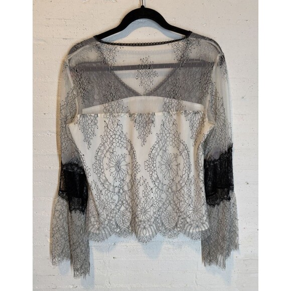 Fairy Whimsigoth Romantic Nanette Lepore Sheer Lace Overlay Bell Sleeve Blouse M - Picture 5 of 9